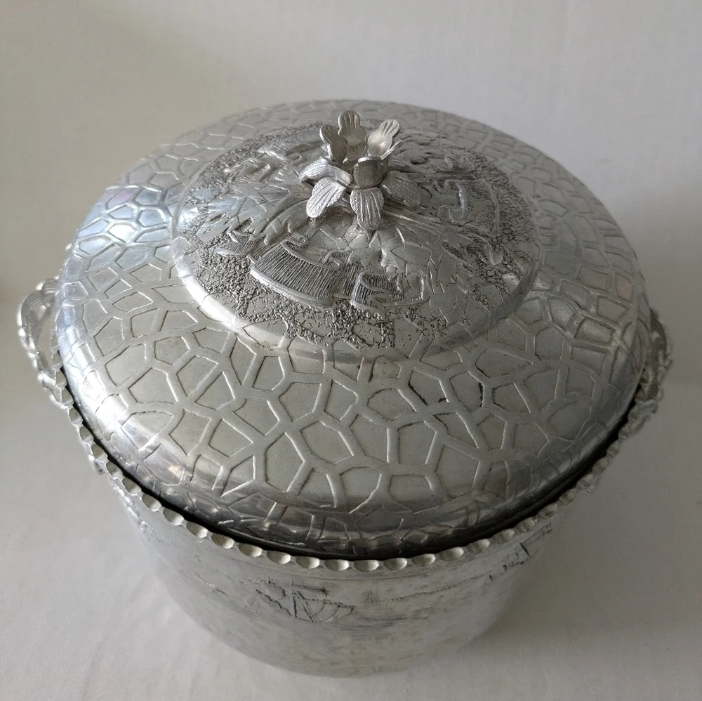 Vintage Hammered Aluminum Ice Bucket & Tong.Underside Of Lid Has Cocktail Recipe
